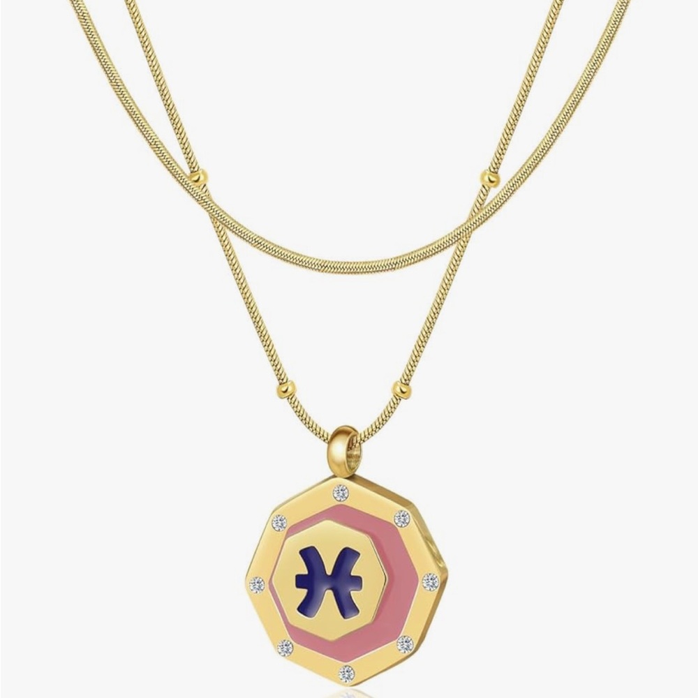 Pisces- Gold Enamel CZ Zodiac Pendant
Beaded Chain Necklace + FREE Snake Chain